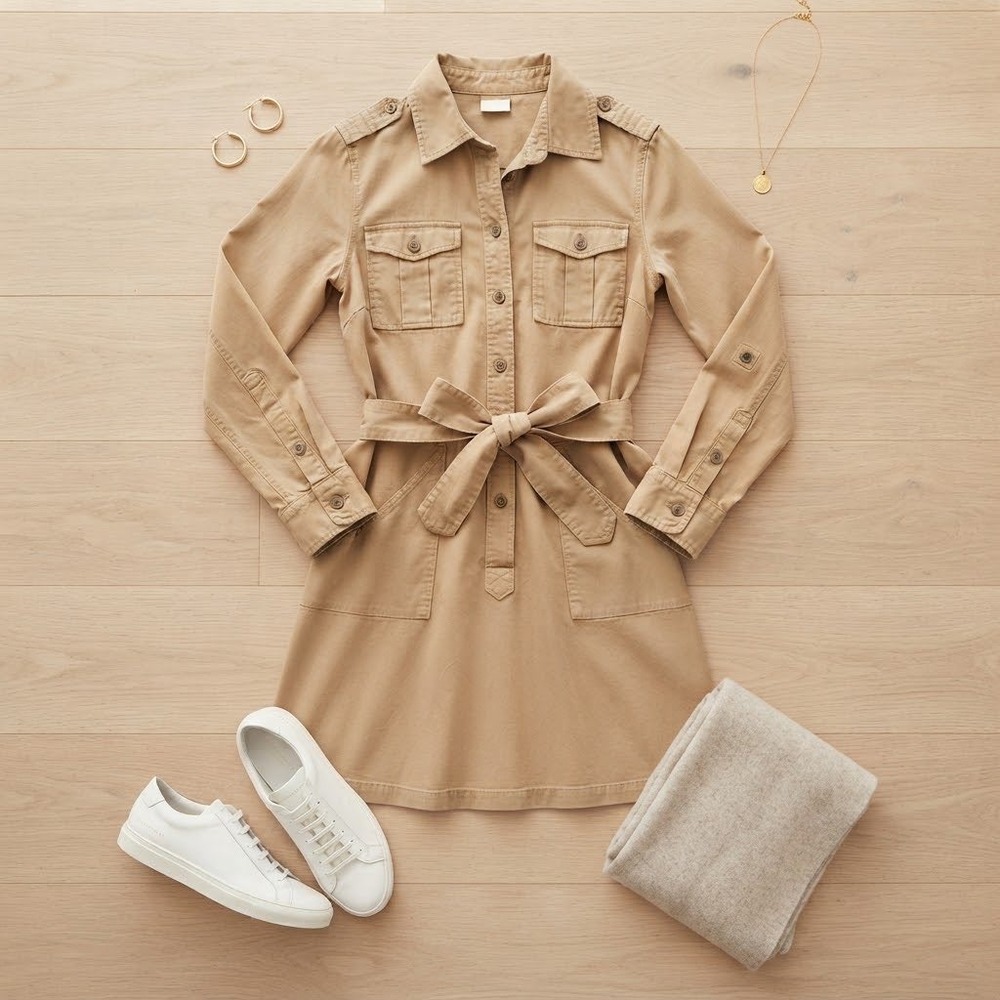 J.Crew Utility Shirt Dress Women 2 Tan Khaki Cotton Belted Safari Military Chic